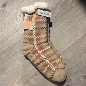 Muk Luks Brown and Cream Plaid fuzzy  Slipper Socks